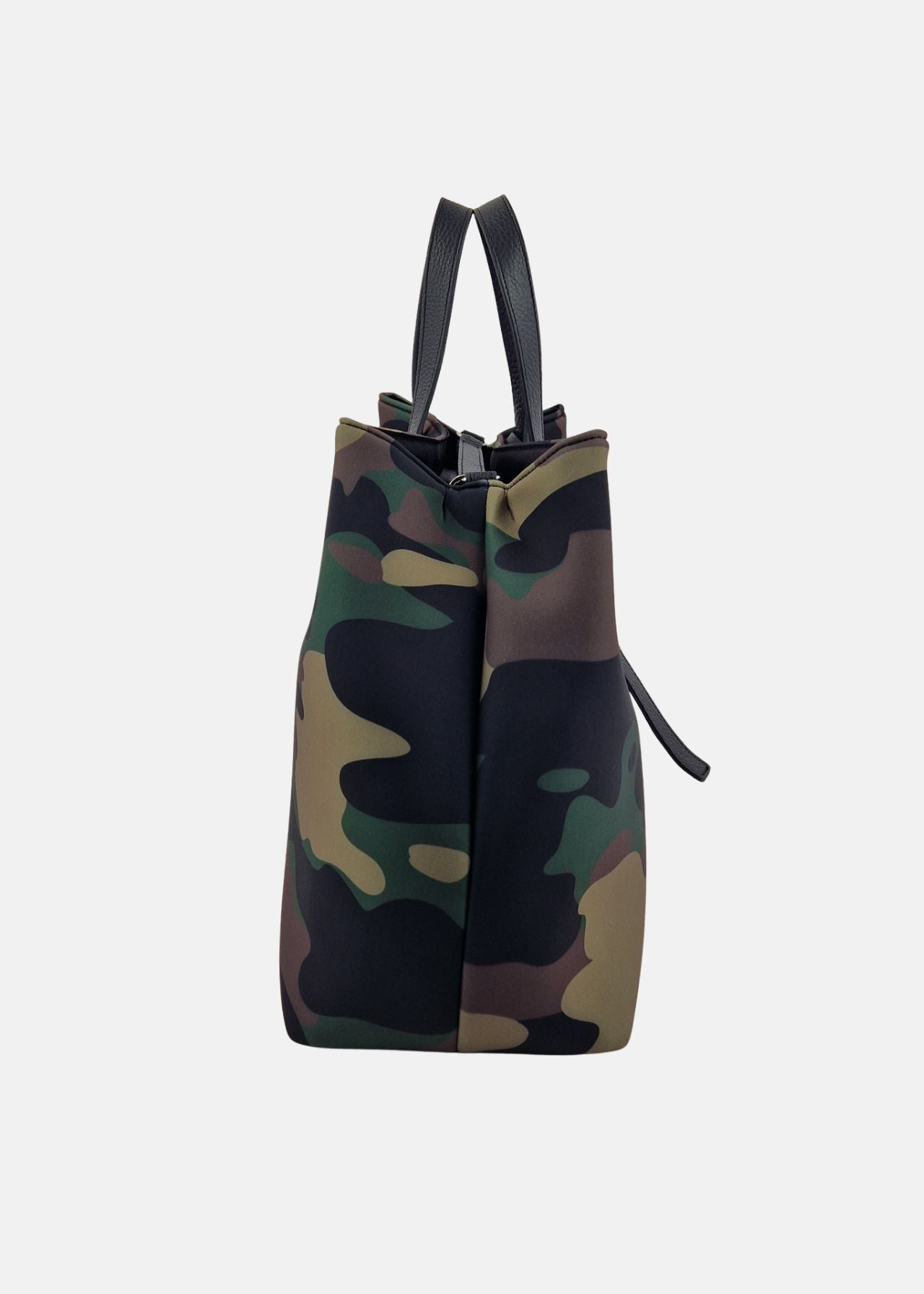 Shopper large in neoprene camouflage con dettagli argento