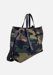 Shopper large in neoprene camouflage con dettagli argento