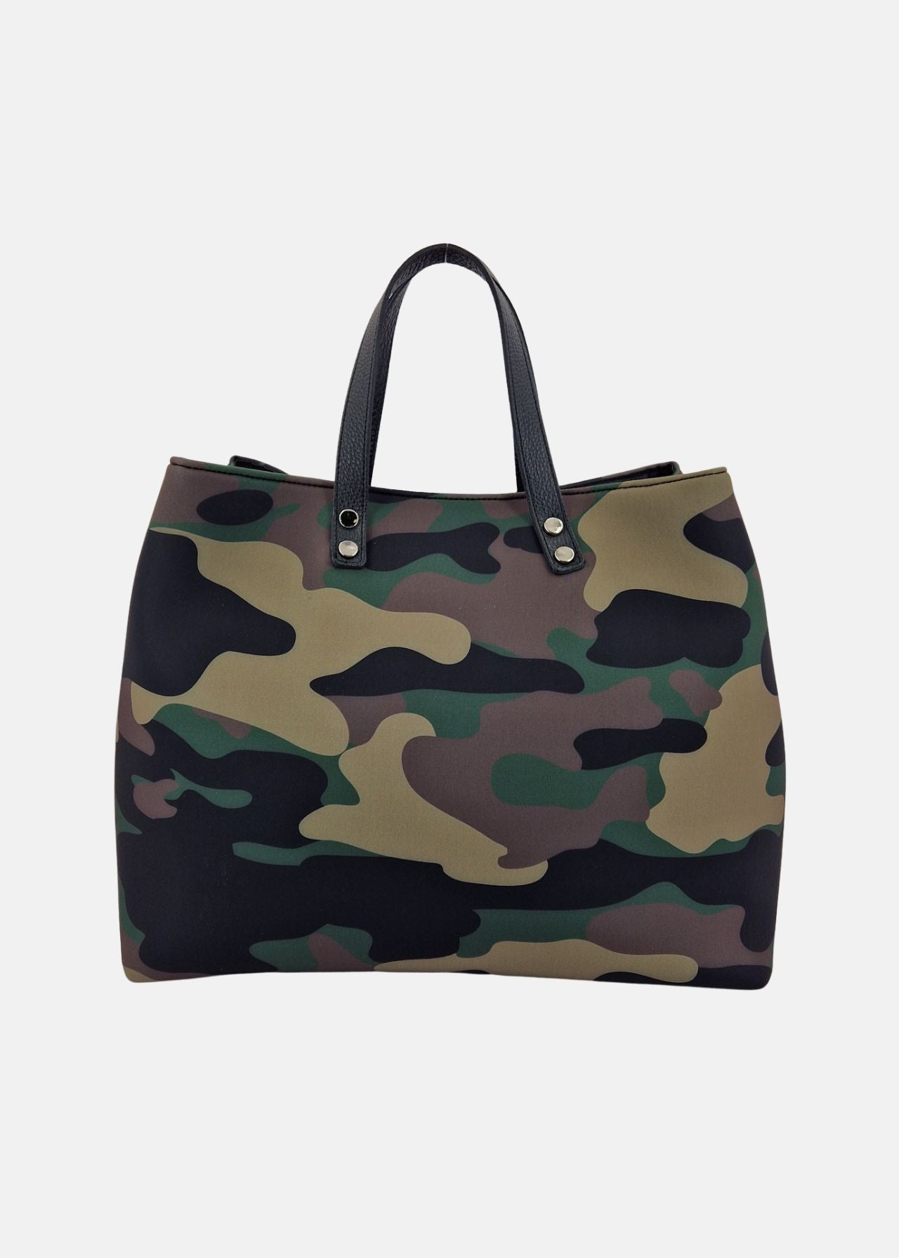 Shopper large in neoprene camouflage con dettagli argento