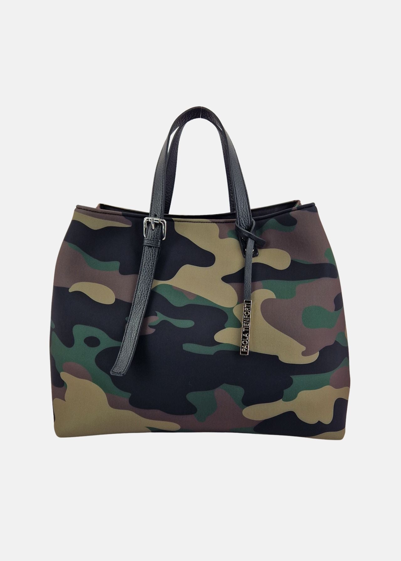 Shopper large in neoprene camouflage con dettagli argento
