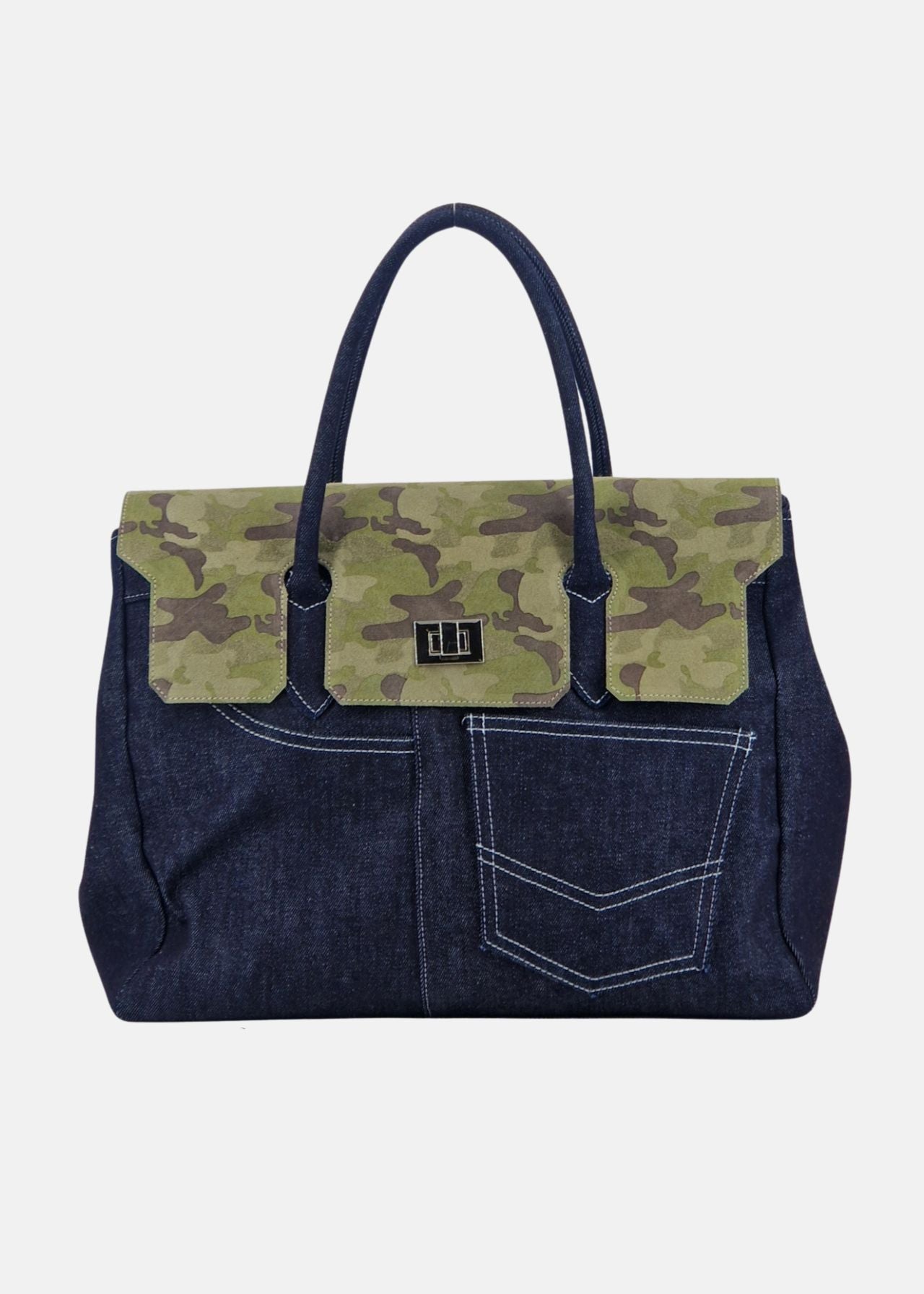 Shopper in Jeans con patta Camoscio Mimetico