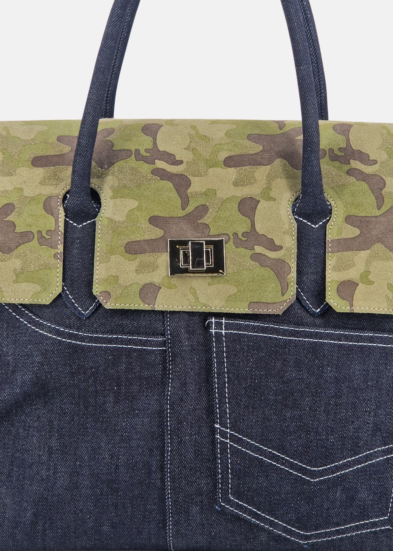 Shopper in Jeans con patta Camoscio Mimetico