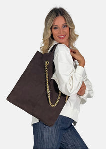 Shopper in pelle scamosciata con dettagli oro