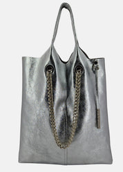 Shopper in pelle laminata con dettagli argento