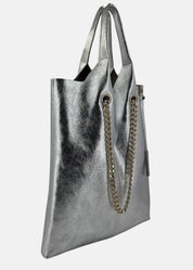 Shopper in pelle laminata con dettagli argento