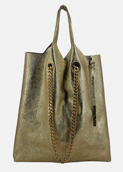 Shopper in pelle laminata con dettagli oro