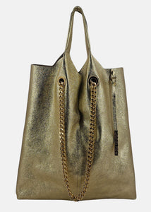 Shopper in pelle laminata con dettagli oro
