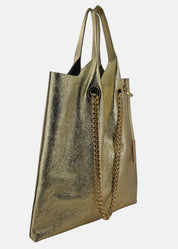 Shopper in pelle laminata con dettagli oro