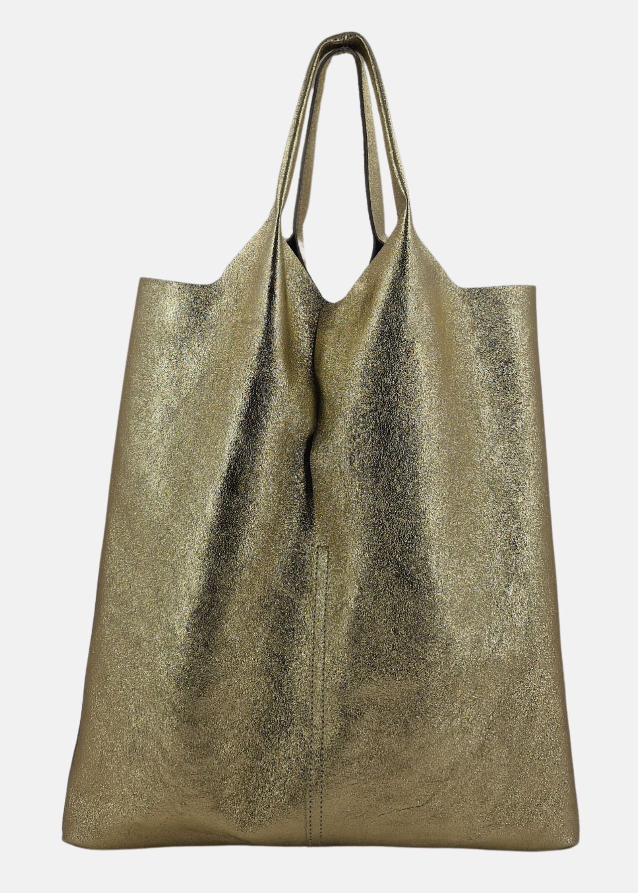 Shopper in pelle laminata con dettagli oro