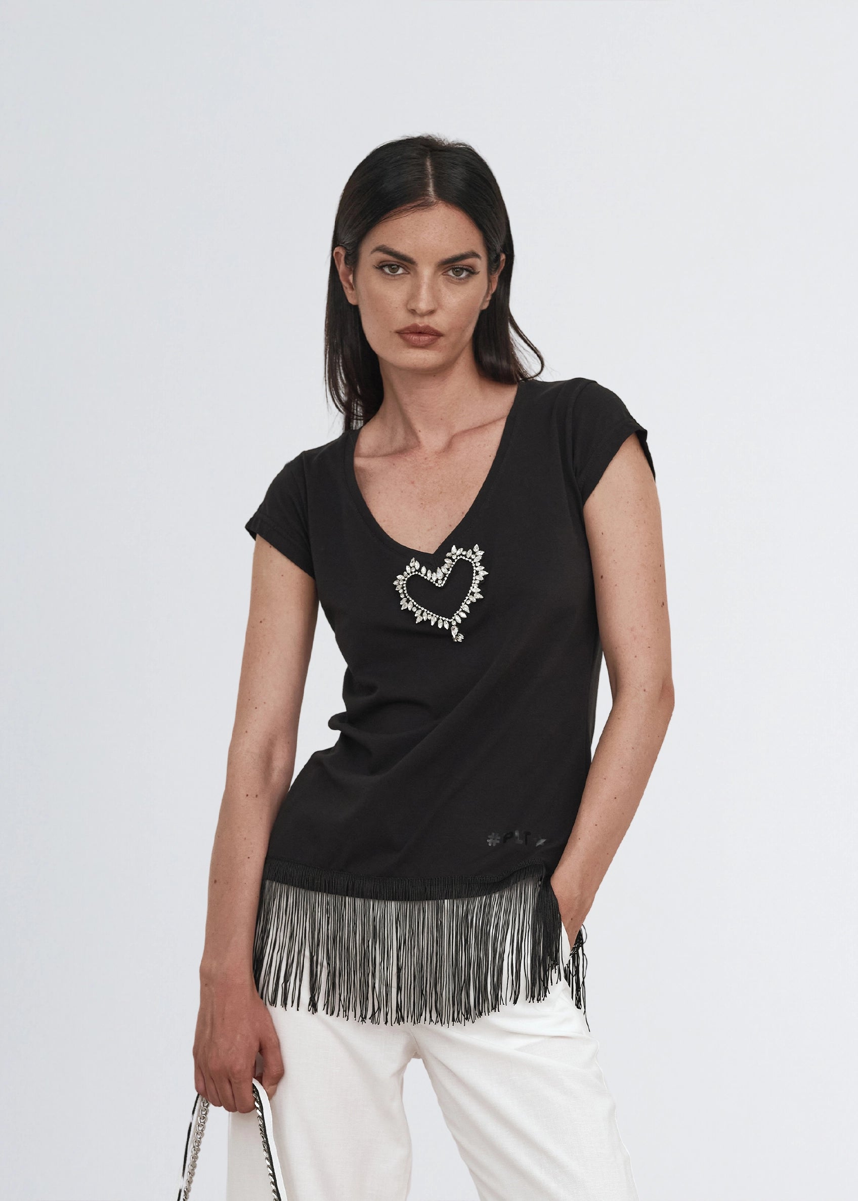 Paola T. T-shirt in cotone stretch con frange