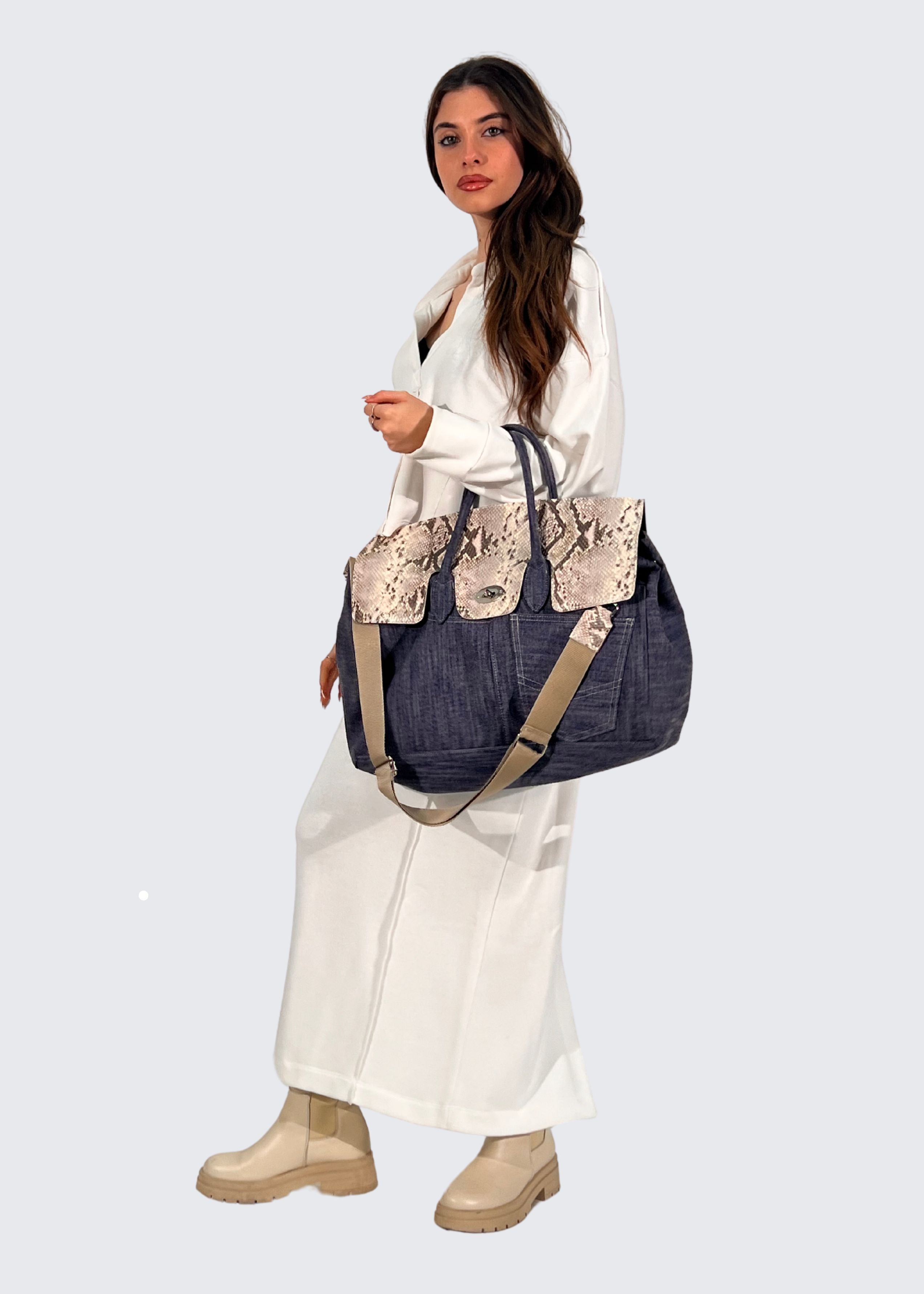 Shopper Jeans con patta pelle