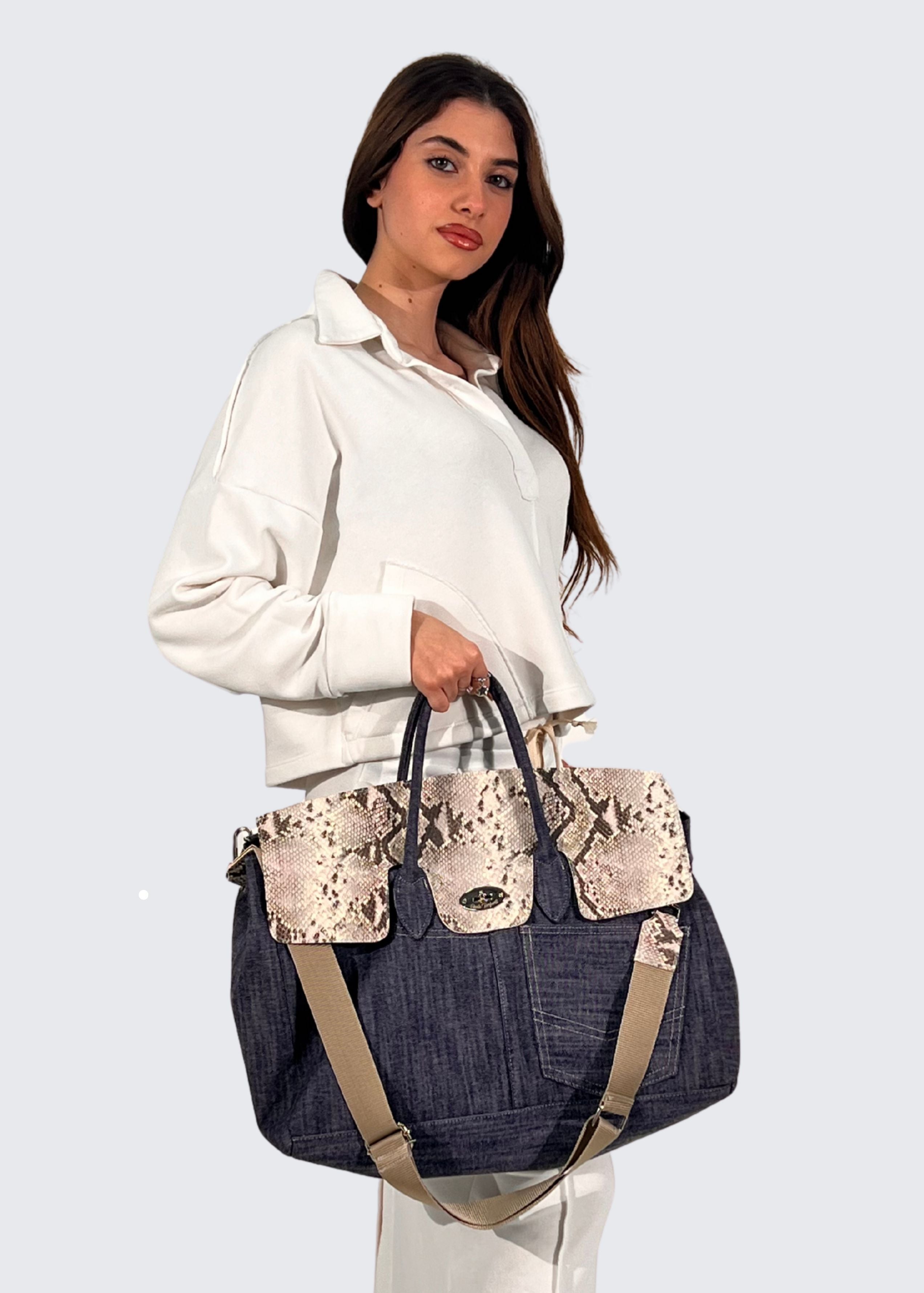 Shopper Jeans con patta pelle