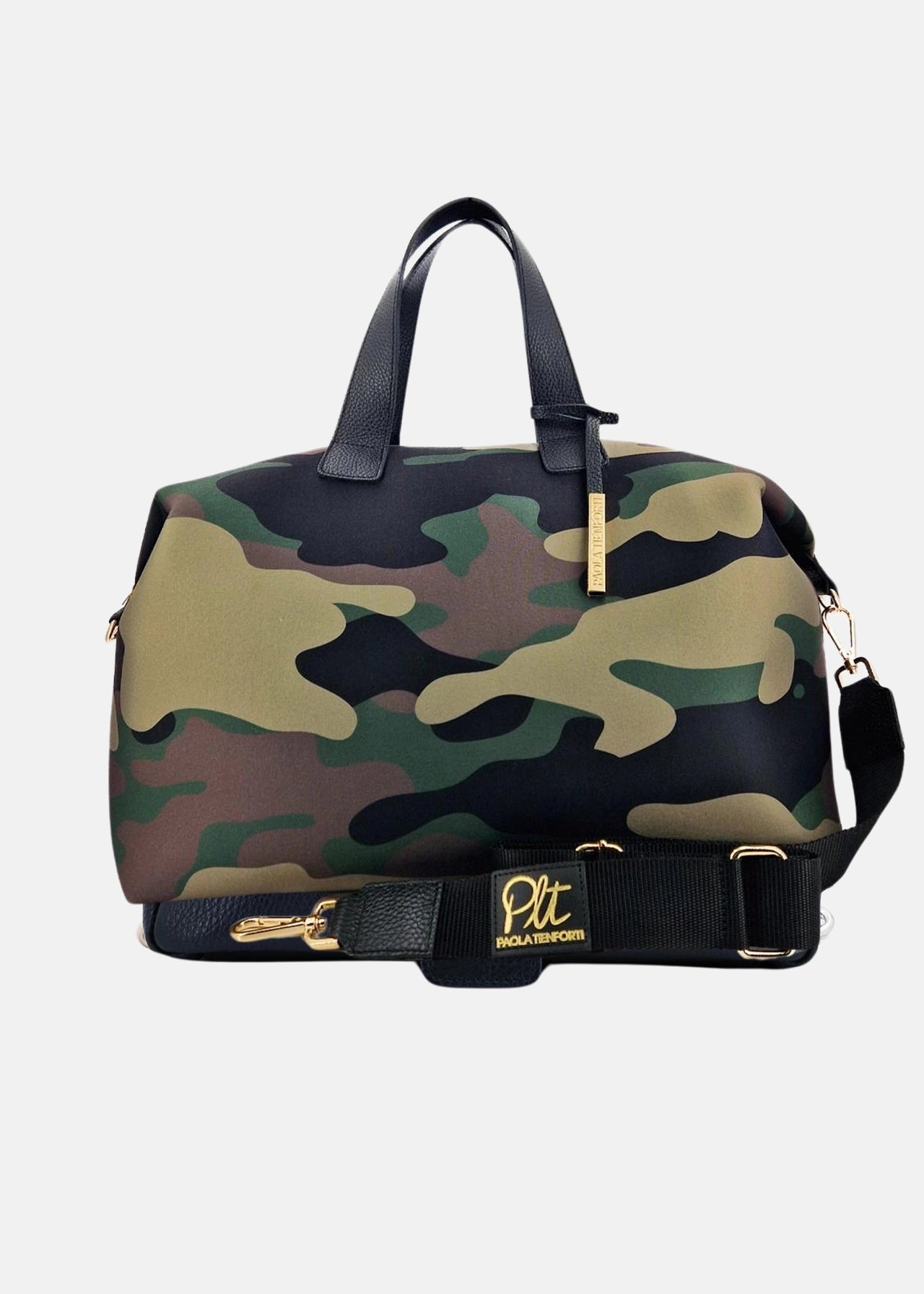 Paola T. Bauletto large in neoprene camouflage con dettagli oro