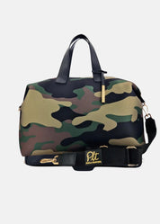 Bauletto large in neoprene camouflage con dettagli oro