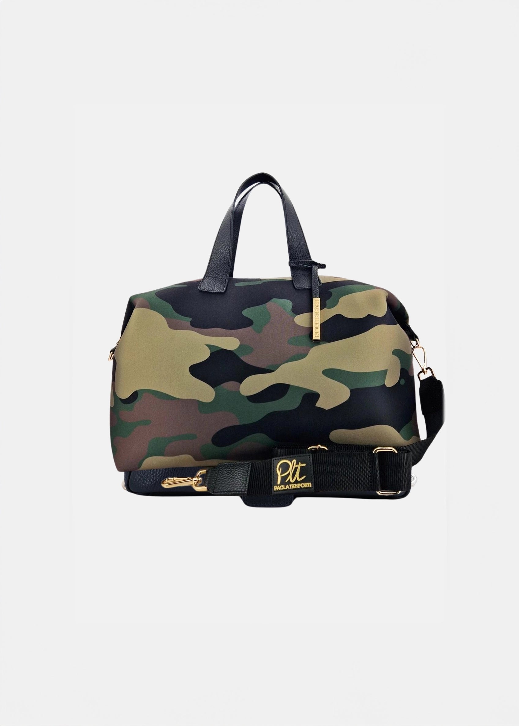 Paola T. Bauletto medium in neoprene camouflage con dettagli oro