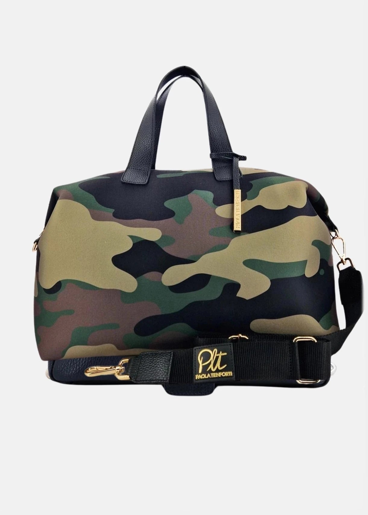 Bauletto medium in neoprene camouflage con dettagli oro